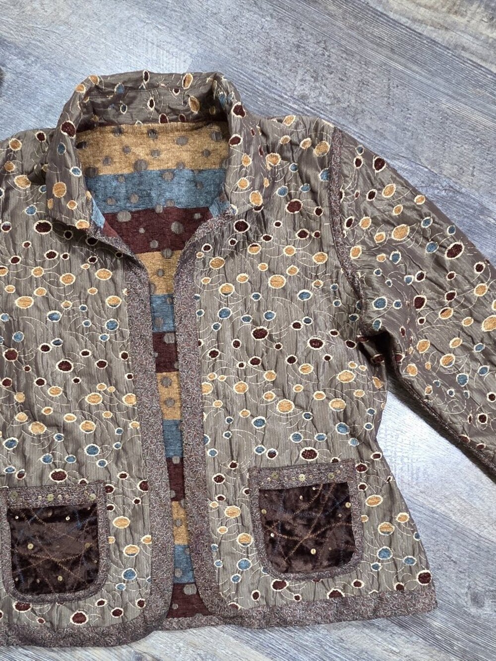 Yak Magik Reversible Brown-Taupe Patterned Tapestry Jacket Velvet Trim Sz Lg
